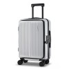 Silver hard shell suitcase with wheels and handle.