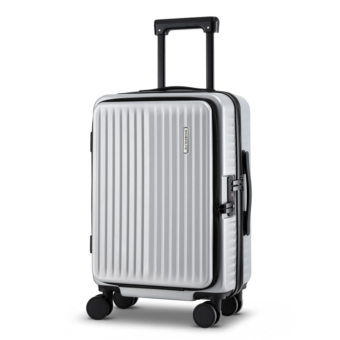 Silver hard shell suitcase with wheels and handle.