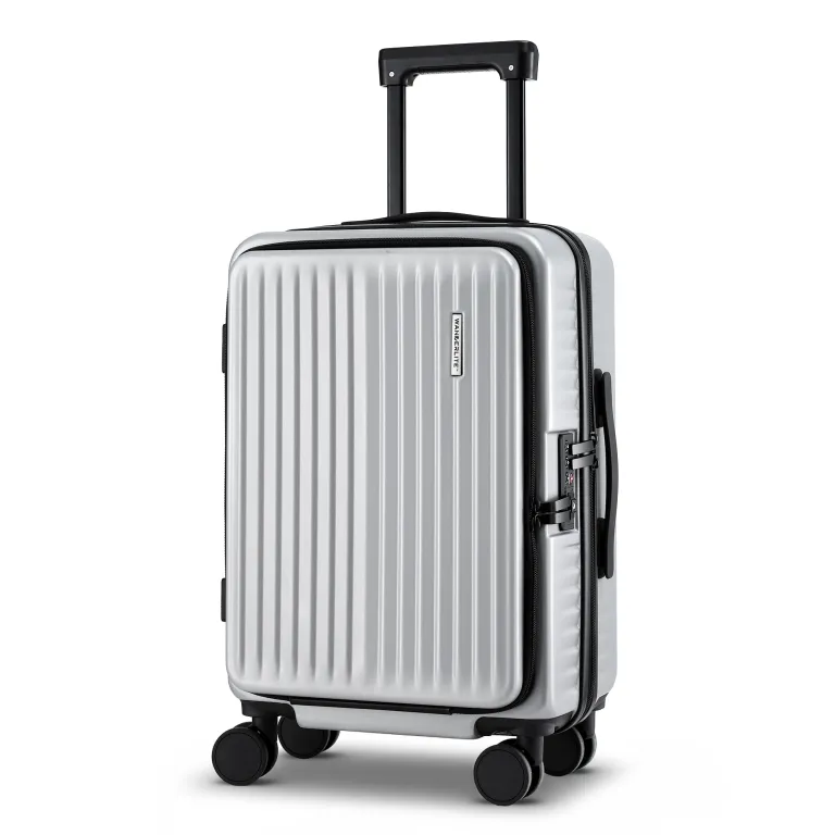 lug abs pok 20 sv 202602091912 00.jpg Silver hard shell suitcase with wheels and handle.