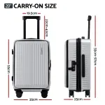 wanderlite 20 luggage suitcase front pocket travel carry on dual tsa silver" Silver carry-on suitcase, detailed measurements shown.