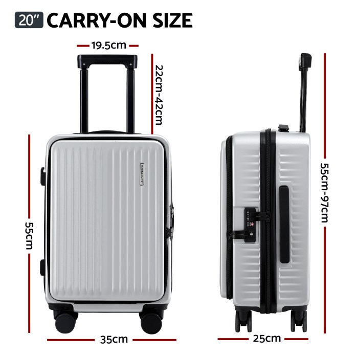 Silver carry-on suitcase, detailed measurements shown.