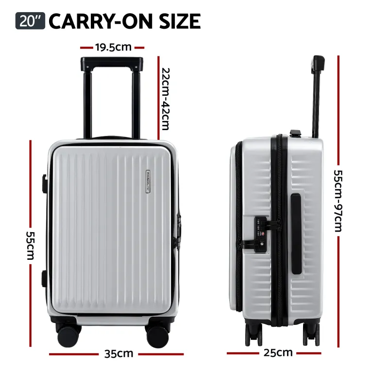 wanderlite 20 luggage suitcase front pocket travel carry on dual tsa silver" Silver carry-on suitcase, detailed measurements shown.