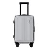 Silver carry-on suitcase with wheels and handle.