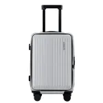 wanderlite 20 luggage suitcase front pocket travel carry on dual tsa silver" Silver carry-on suitcase with wheels and handle.