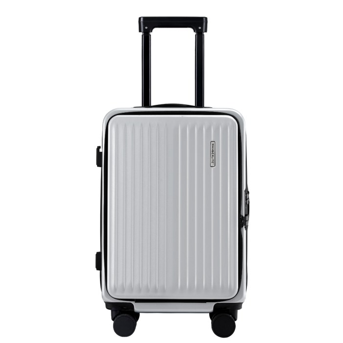 Silver carry-on suitcase with wheels and handle.