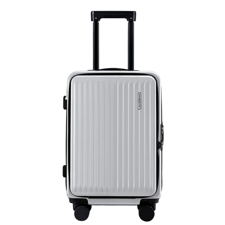 wanderlite 20 luggage suitcase front pocket travel carry on dual tsa silver" Silver carry-on suitcase with wheels and handle.