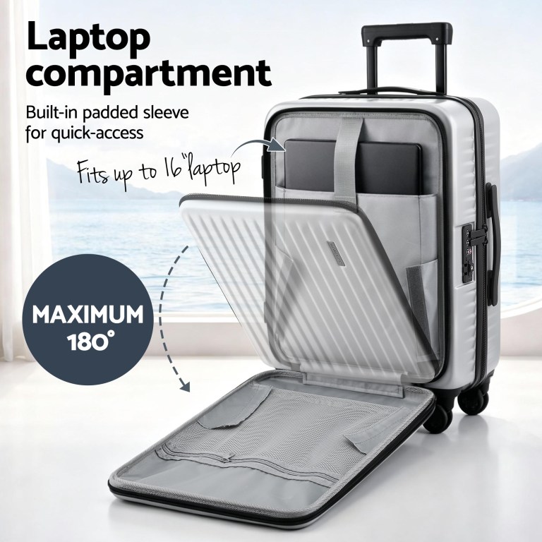 wanderlite 20 luggage suitcase front pocket travel carry on dual tsa silver" Suitcase with 16-inch laptop compartment, opens 180 degrees.