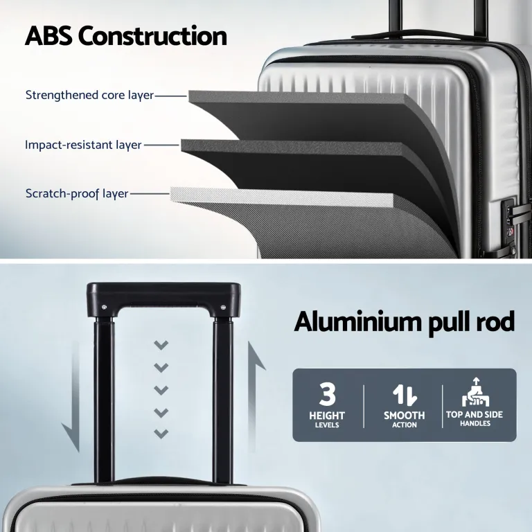 wanderlite 20 luggage suitcase front pocket travel carry on dual tsa silver" Luggage with ABS layers, aluminium pull rod features.