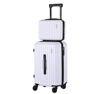 White luggage set with wheels and handle.