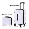 Two white carry-on suitcases with measurements.