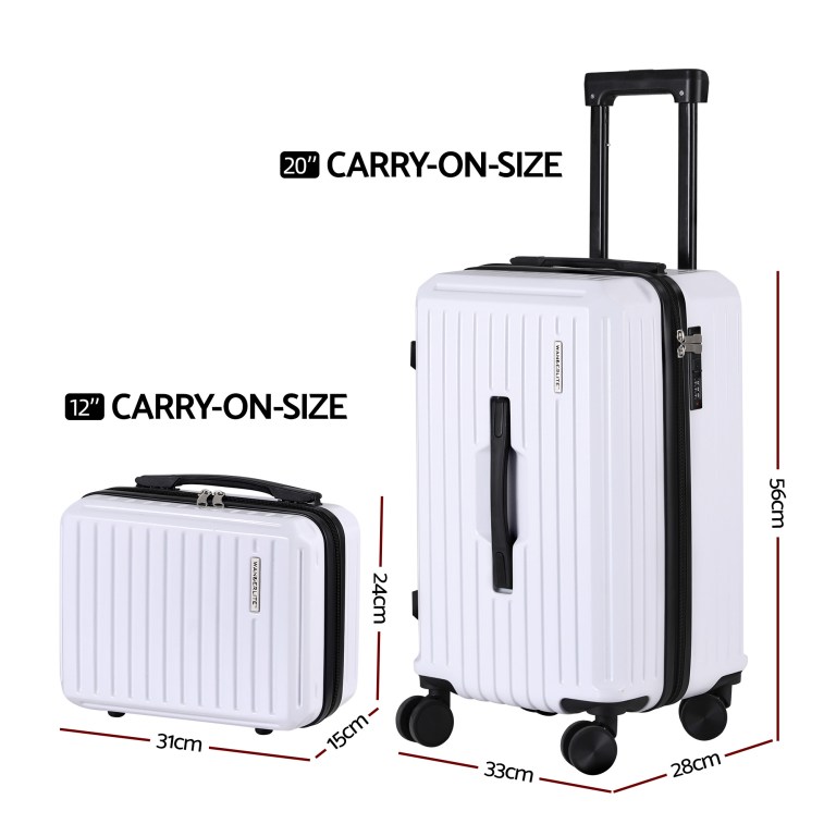 Two white carry-on suitcases with measurements.