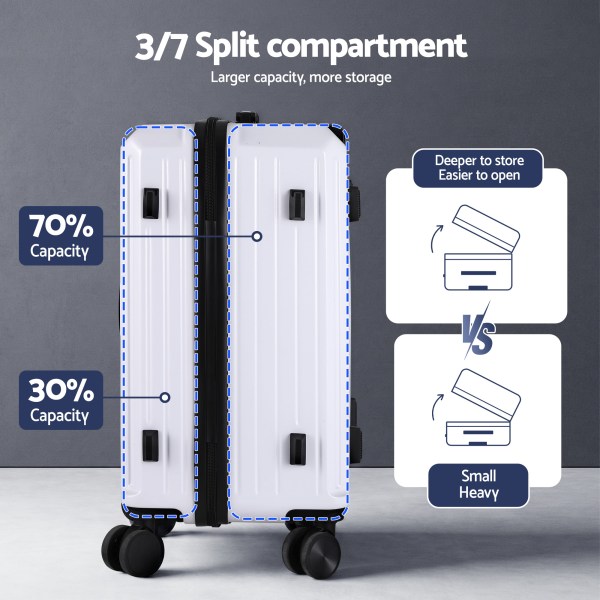 Luggage with adjustable split compartment for storage.