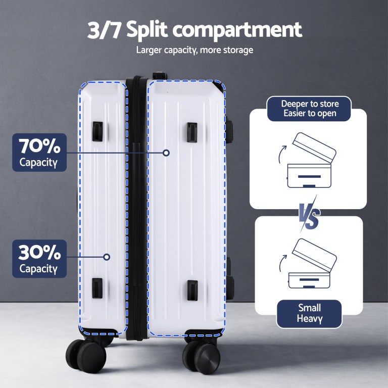 Luggage with adjustable split compartment for storage.