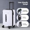 White suitcase with phone holder and TSA lock.