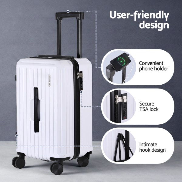 White suitcase with phone holder and TSA lock.