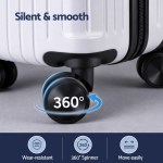 White suitcase with 360° spinner wheels.