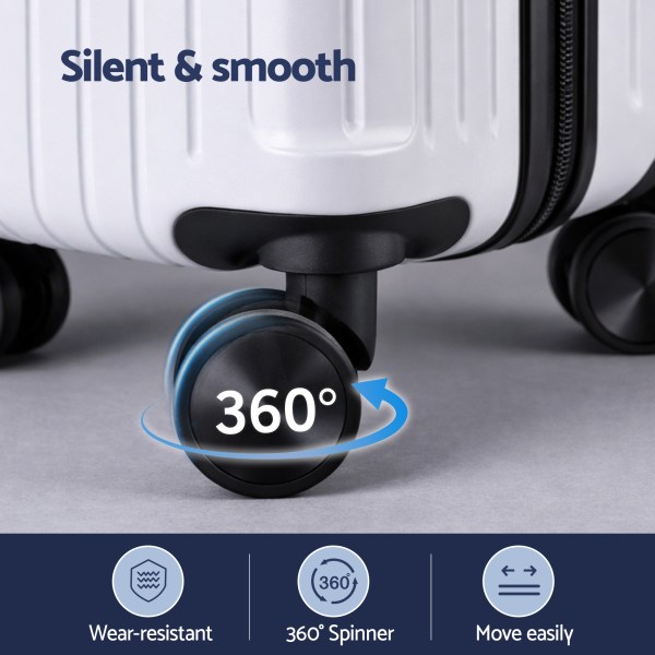 White suitcase with 360° spinner wheels.