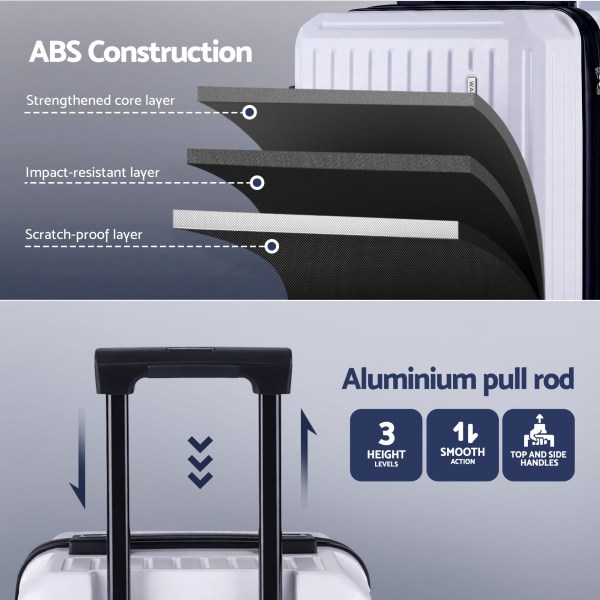 Suitcase with ABS layers and adjustable handle features.