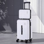 Two stacked white suitcases with wheels and handles.