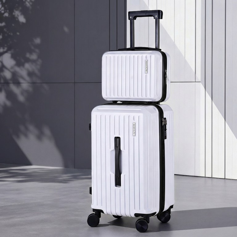 Two stacked white suitcases with wheels and handles.