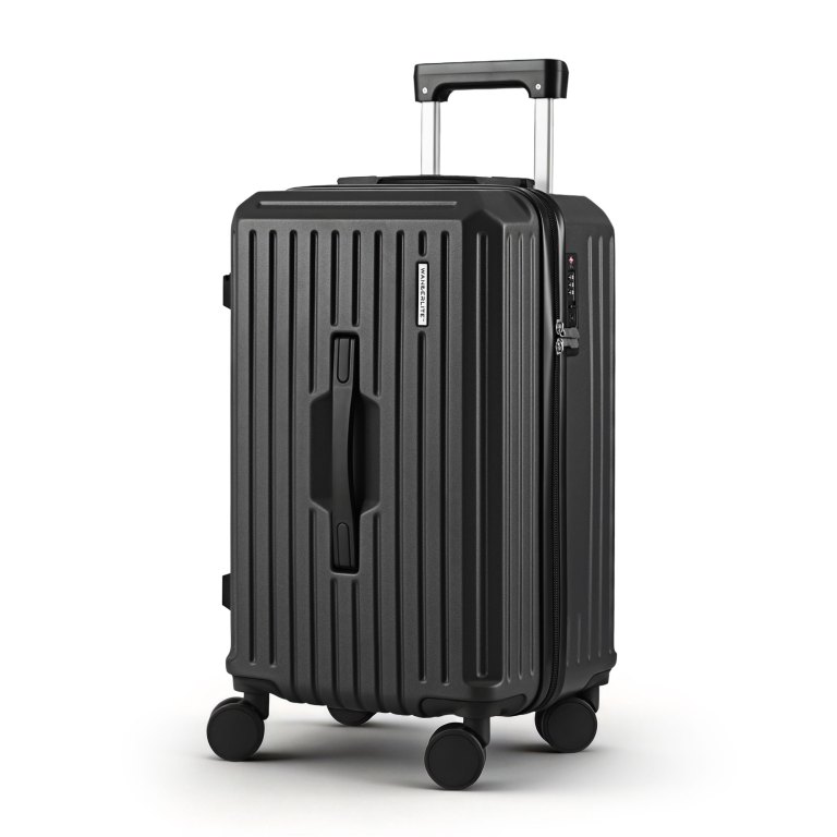 Black rolling suitcase with handle extended