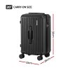 Black 20-inch carry-on suitcase with dimensions.