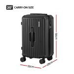 Black 20-inch carry-on suitcase with dimensions.