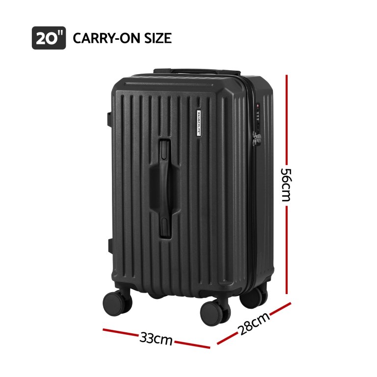 Black 20-inch carry-on suitcase with dimensions.
