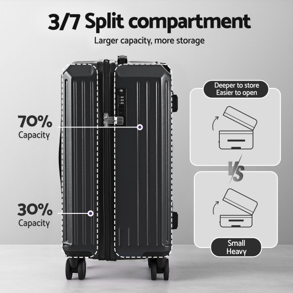 Suitcase with 70/30 split compartment capacity.