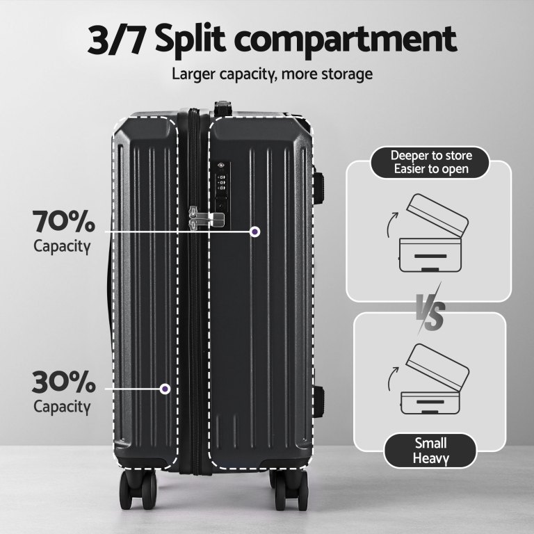 Suitcase with 70/30 split compartment capacity.