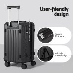 Black suitcase with TSA lock and hook design.