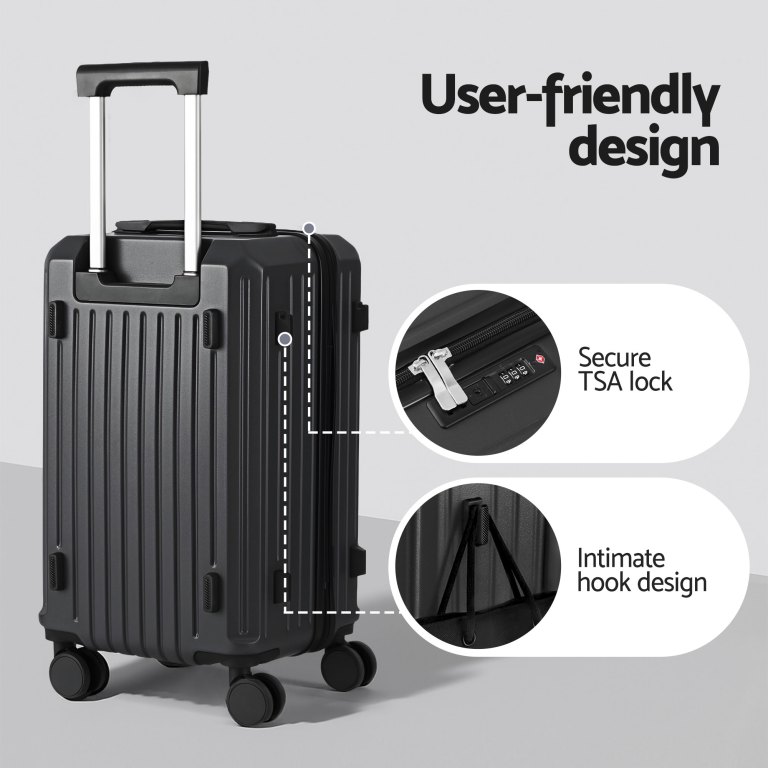 Black suitcase with TSA lock and hook design.