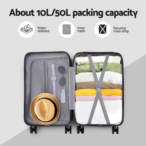 Suitcase 10L/50L capacity, water-resistant, cross-strap luggage