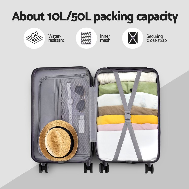 Suitcase 10L/50L capacity, water-resistant, cross-strap luggage