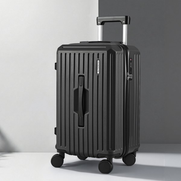 Black trolley suitcase with four wheels.