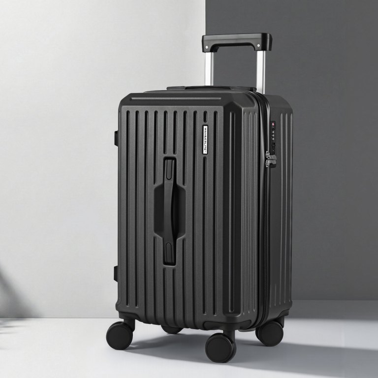 Black trolley suitcase with four wheels.