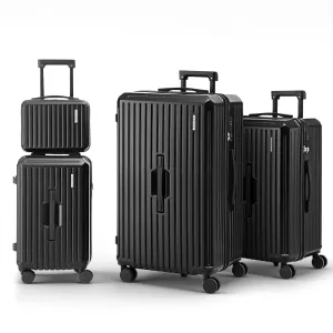 Nest of black suitcases with wheels.