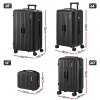 Black luggage set, four sizes with dimensions.