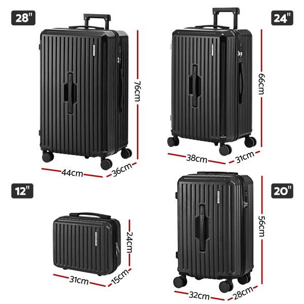 Black luggage set, four sizes with dimensions.