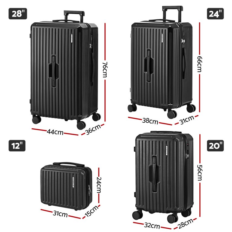 wanderlite 4pcs trunk luggage suitcase set travel carry on tsa lock black Black luggage set, four sizes with dimensions.