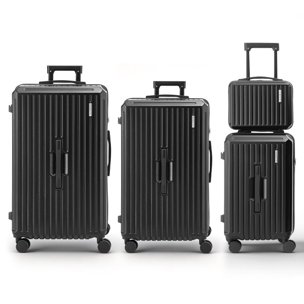 Three black suitcases, different sizes, with wheels.