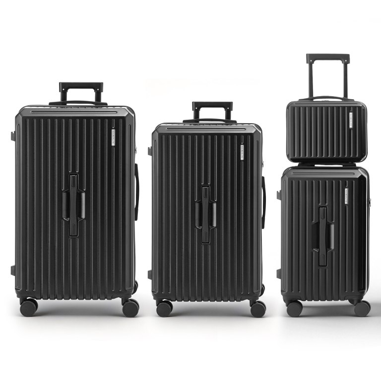 wanderlite 4pcs trunk luggage suitcase set travel carry on tsa lock black Three black suitcases, different sizes, with wheels.
