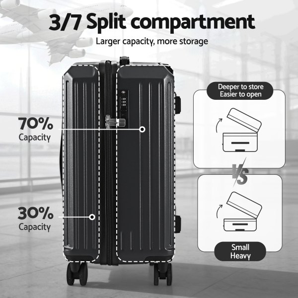 Luggage with 70/30 split compartments for storage ease.