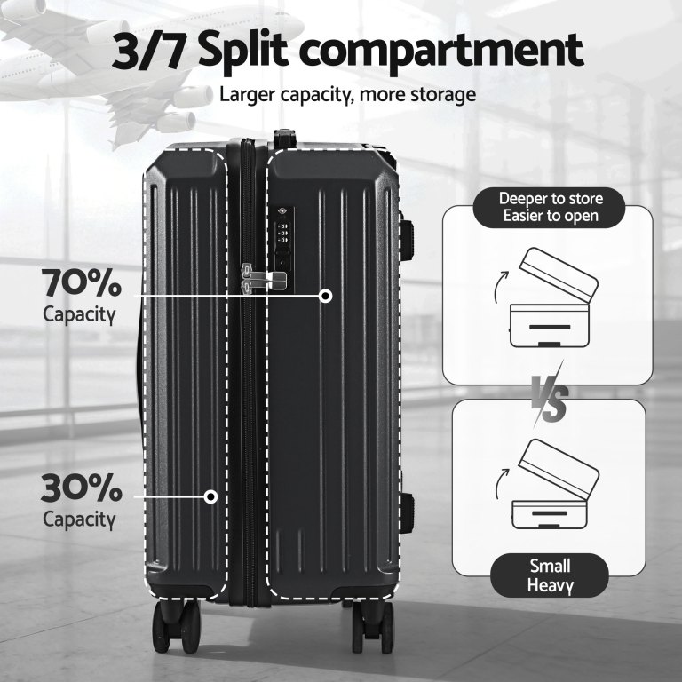 wanderlite 4pcs trunk luggage suitcase set travel carry on tsa lock black Luggage with 70/30 split compartments for storage ease.