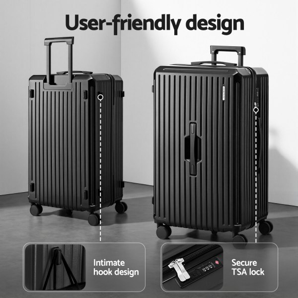 Black suitcase with hook design and TSA lock.