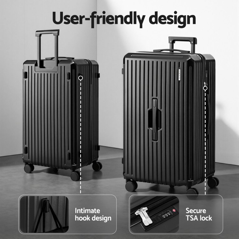 wanderlite 4pcs trunk luggage suitcase set travel carry on tsa lock black Black suitcase with hook design and TSA lock.