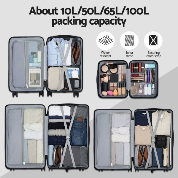 Suitcases with various packing capacities and features.