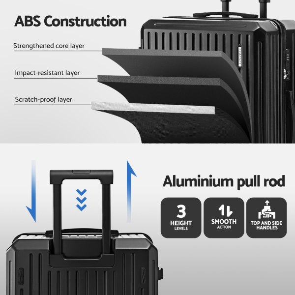 Durable suitcase with ABS construction and aluminium pull rod.