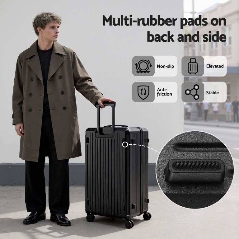 wanderlite 4pcs trunk luggage suitcase set travel carry on tsa lock black Person with luggage showcasing multi-rubber pads.