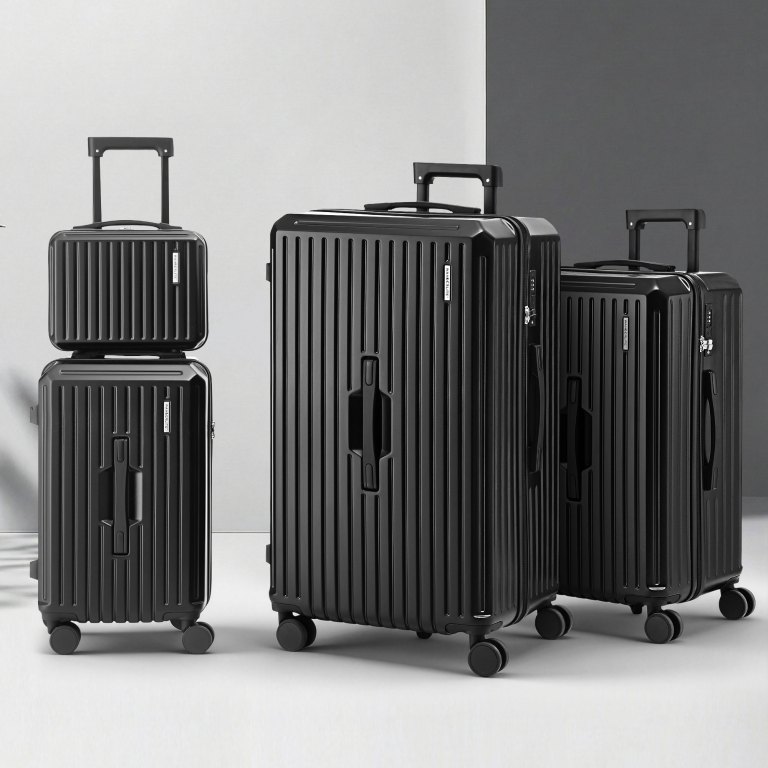 wanderlite 4pcs trunk luggage suitcase set travel carry on tsa lock black Four sleek black suitcases on display.
